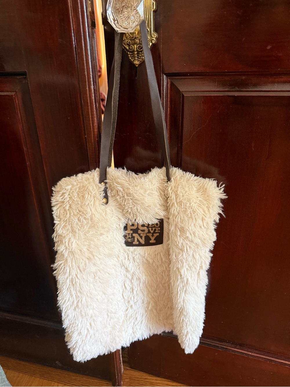 Aeropostale Cream Faux-Shearling Tote with Dark Brown Straps